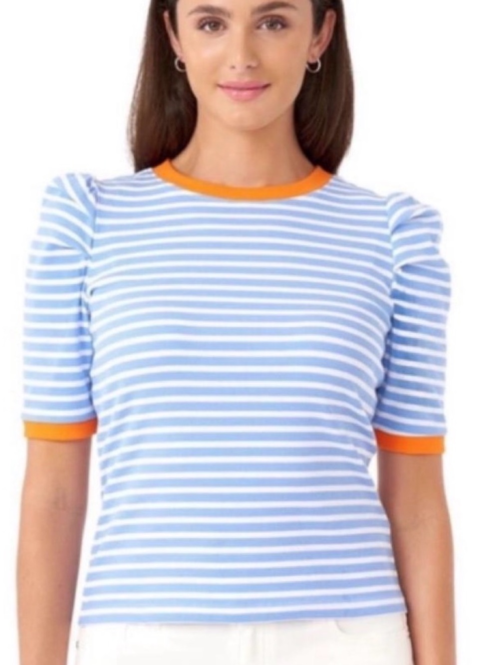 Rebecca Minkoff Striped Blue & White Tee with Orange Trim